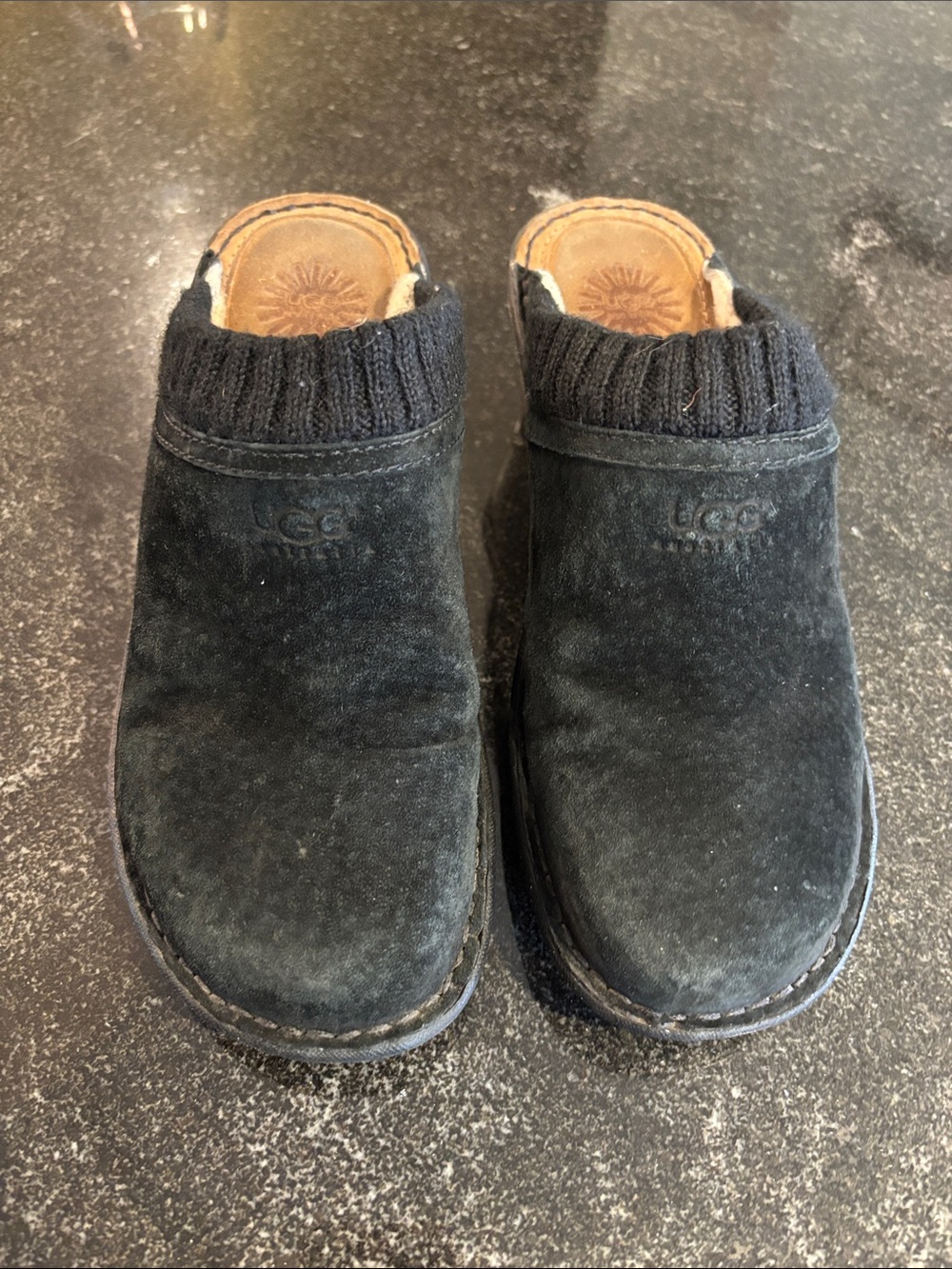 UGG Gael Black Suede Slip-On Mule Clog with Knit Collar